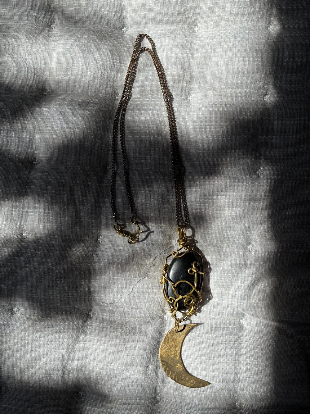 Handmade Shungite + Brass EMF reducing Necklace - Moon - Obsidian - Witchy